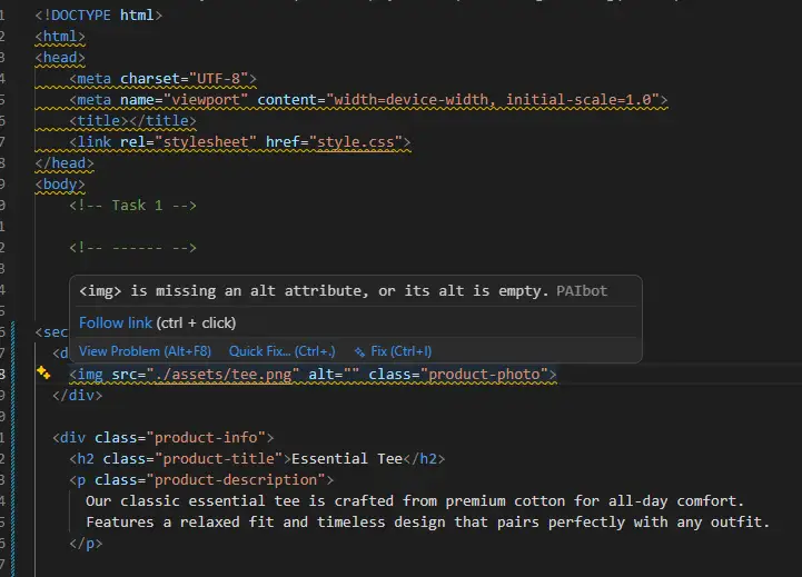 warning from the PAI extension saying that the image in the code is missing or have an empty alt attribute
