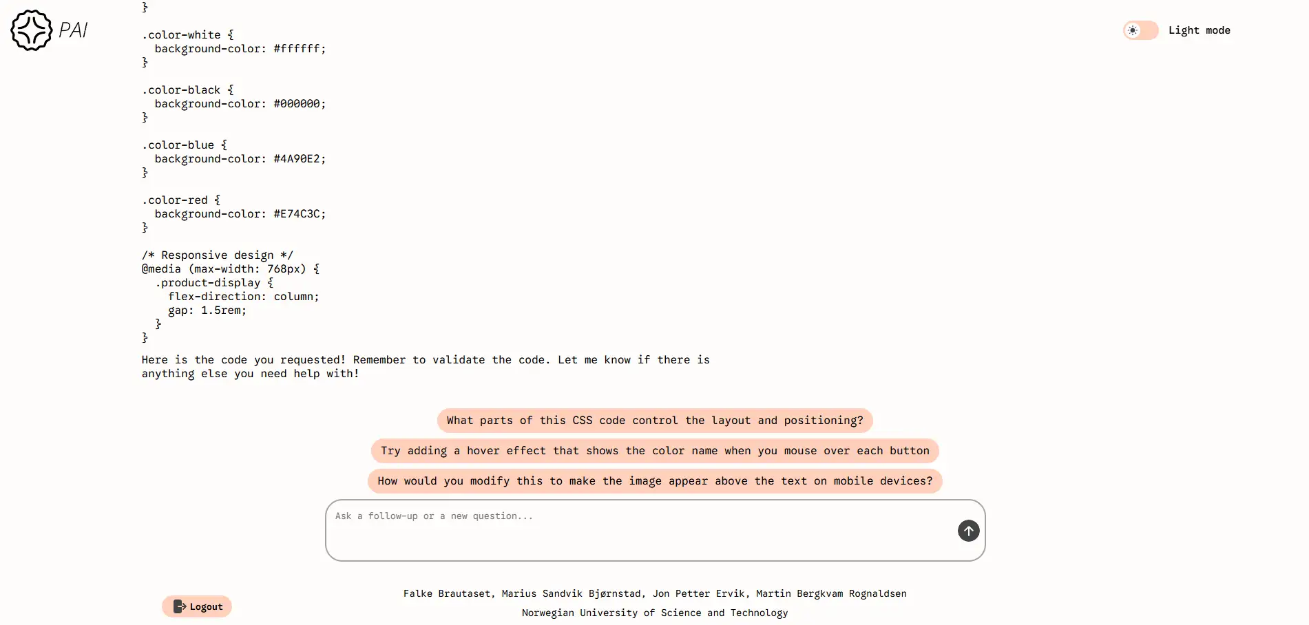 pai chatbot in light mode